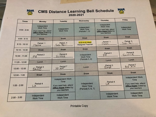 Picture of Ellie's distance learning schedule, 7th grade, CMS
