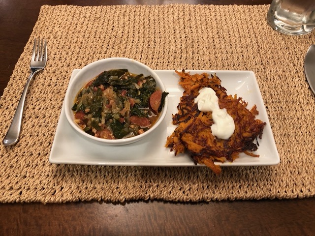 Beans with chorizo, and sweet potato pancakes