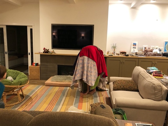 Blanket monster with both Ellie and Owen inside