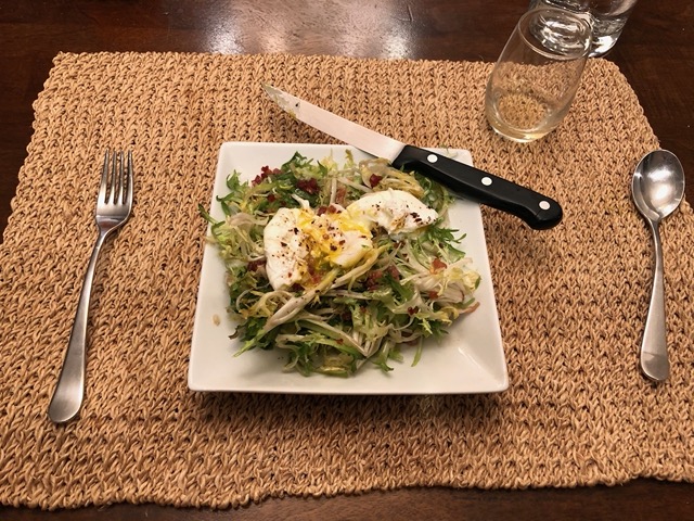 A winter favorite:  frisee with poached egg and lardons