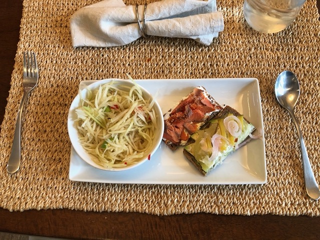 Thai papaya salad and open faced Scandinavian sandwiches on rye
