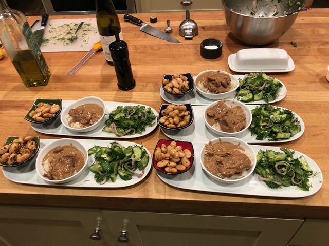 Cascabel beans, Persian walnut stew, Deborah Madison cucumber salad