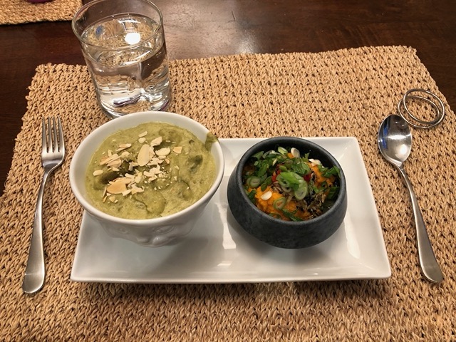 Stem soup and carrot salad with toppings