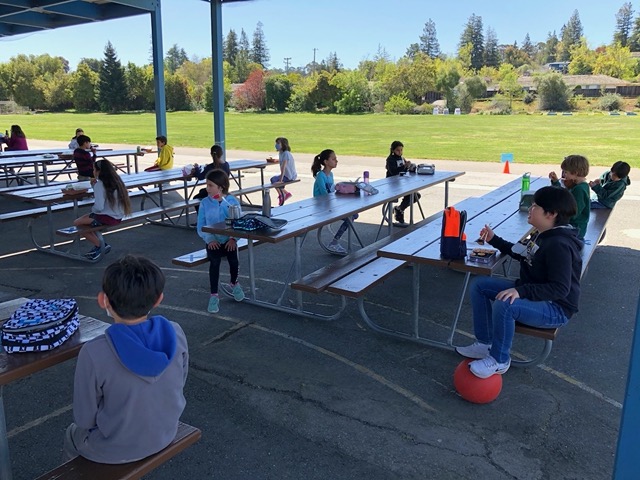 Owen's class eating lunch (he's on the right)