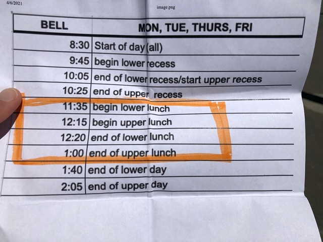 Elementary school lunch schedule