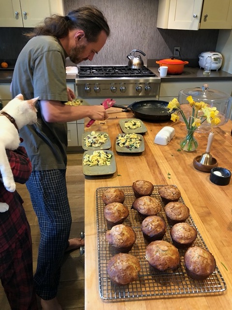 Yummy weekend breakfast of muffins and scrambled eggs