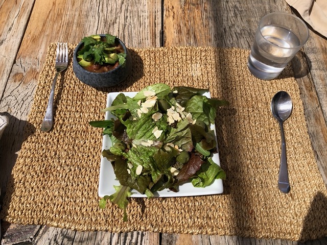 Next day lunch: green salad wth olives, bit of chili with toppings