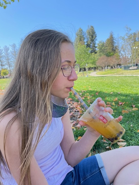 Ellie enjoying her tea