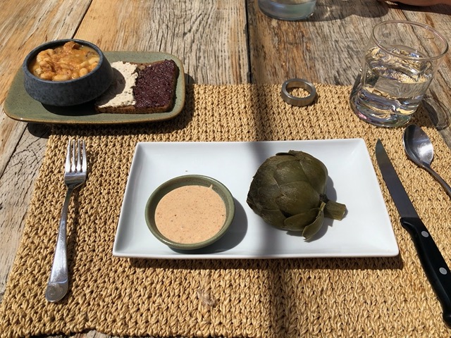Back home, lunch the next day: artichokes with chipotle aioli, bean stew, rye with toppings