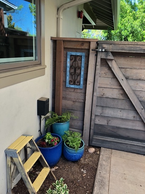 Lela's corner pots, with plants and irrigation