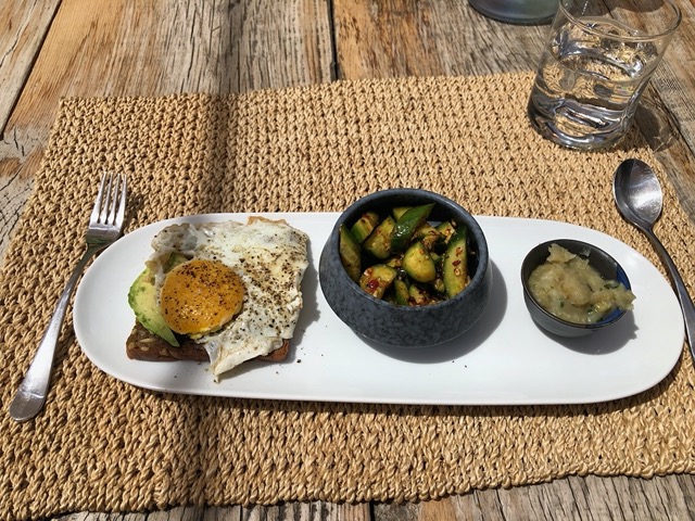 Egg on rye, cucumber salad, stem soup