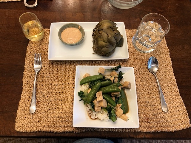 Stir fried sugar snap peas with tofu and greens, artichoke with chipotle aiole