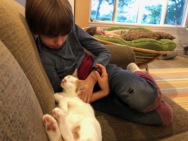 Owen with Gizmo on the couch at family time