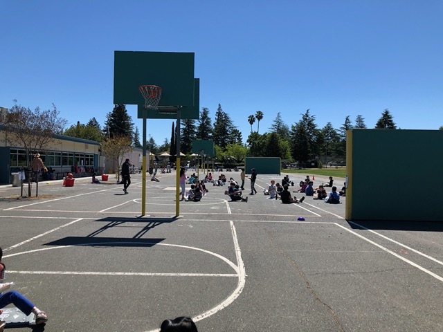 Lunch duty: the kids eating lunch in their designated class areas on the blacktop