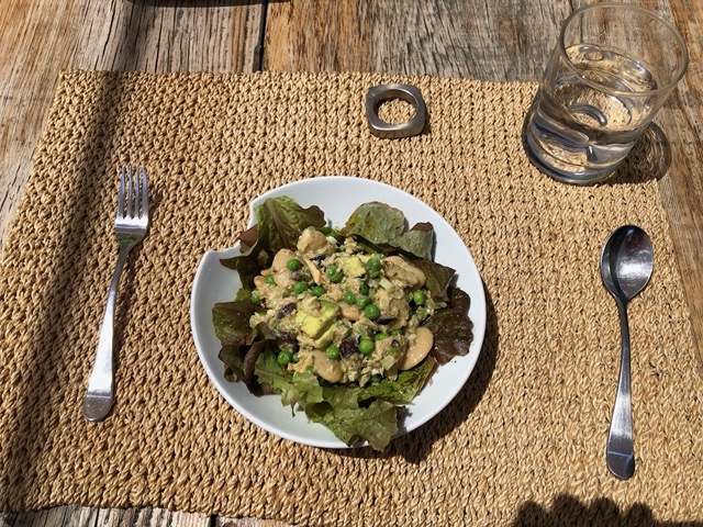 Tuna salad augmented with broad beans, peas, and avocado