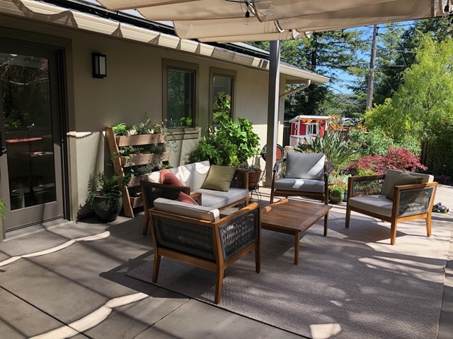 Our seating area, with planter against the back wall