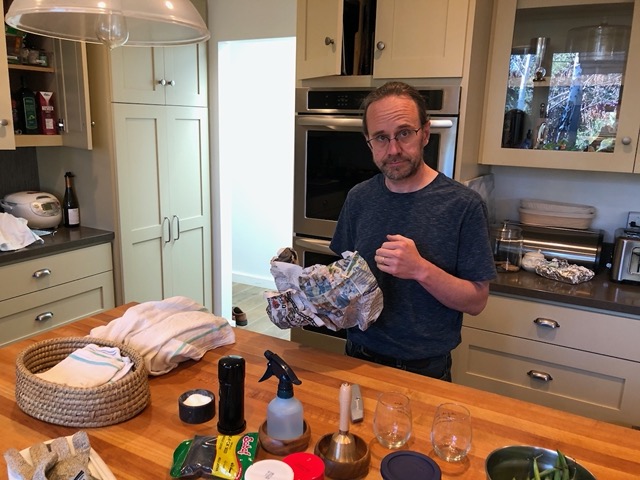 Mike unpacking more cocktail glasses -- we finally have guests!