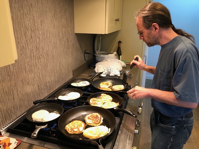 Mike making a six-burner pancake breakfast!