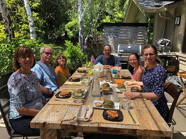 Last lunch on the patio, of grilled cheese sandwiches and artichokes
