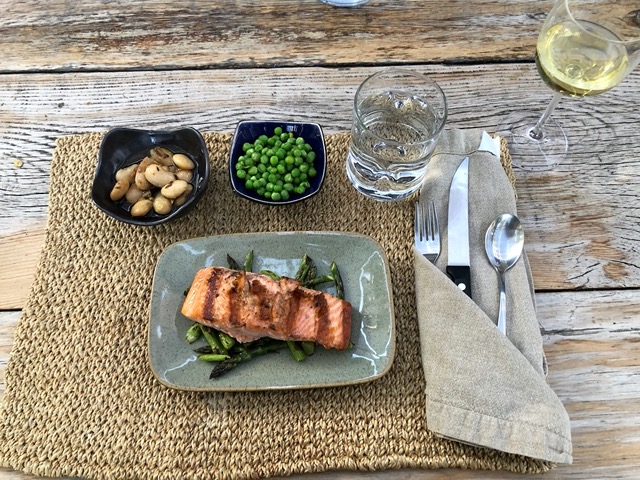 My birthday dinner: grilled salmon on asparagus, cascabel beans, fresh peas