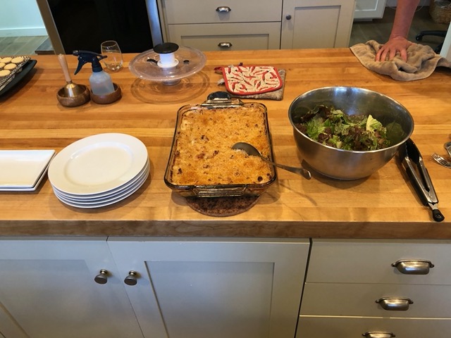Macaroni and cheese casserole, and a green salad for the girls