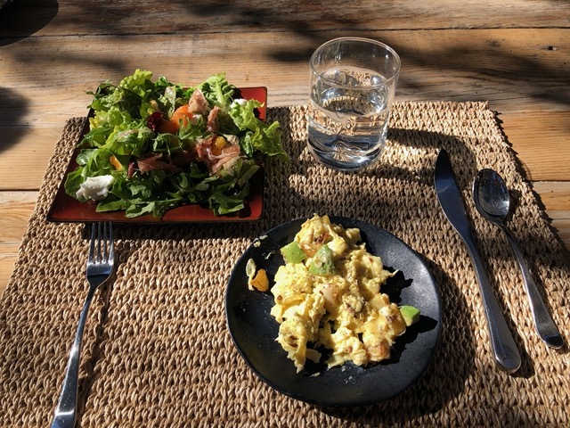 Grilled peach salad and migas for dinner!  First grilled peach salad of the hear