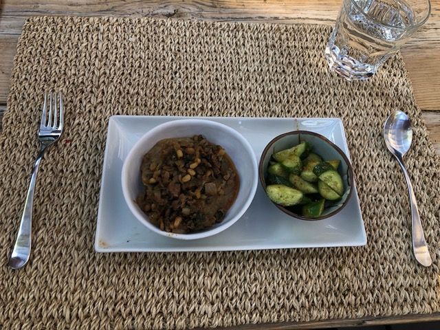 And a celebratory dinner of spiced lamb on eggplant, and cucumber salad