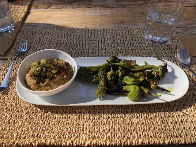 Lamb and avocado on eggplant, grilled sweet peppers