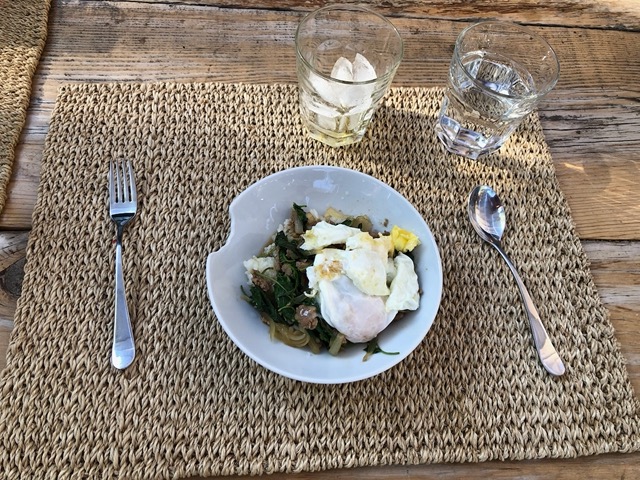 Thai greens with fried egg on rice
