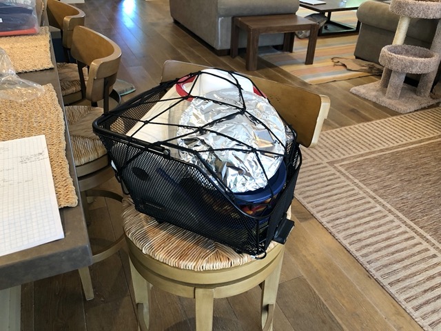 Lela's bike basket, loaded with treats