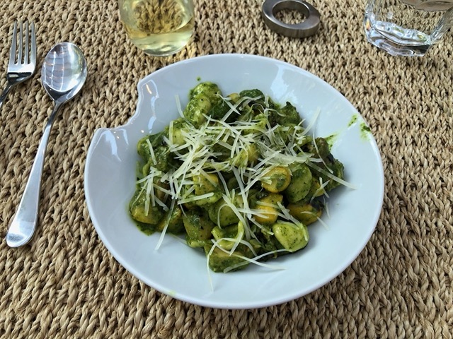 Chunky grilled summer squash with chicken, pesto, and parmesan