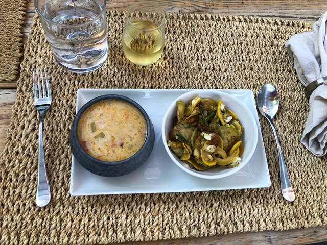 Summer dinner of corn chowder and slow-cooked zucchini