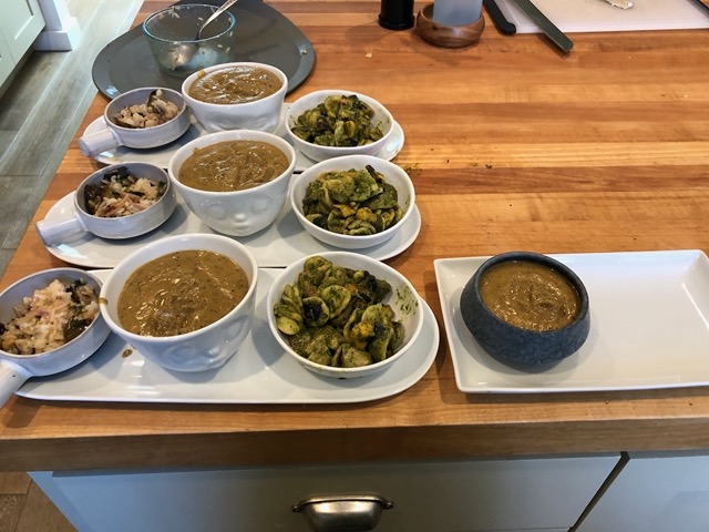 Grilled zucchini soup, leftover pesto pasta (Mike is still in WI)