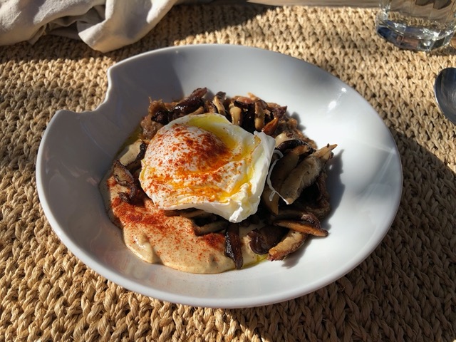The hummus I'd made with Jason for dinner, topped with mushrooms and poached egg