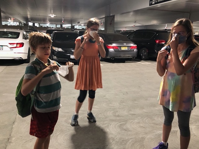 Putting masks on!  We double masked and kept them on all day