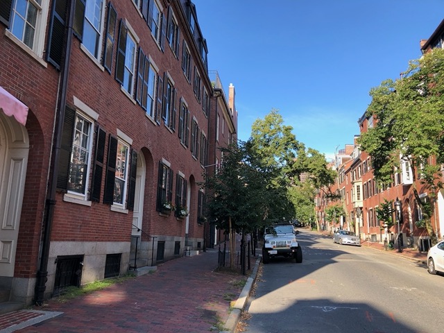 Beautiful red brick buildings and sidewalks