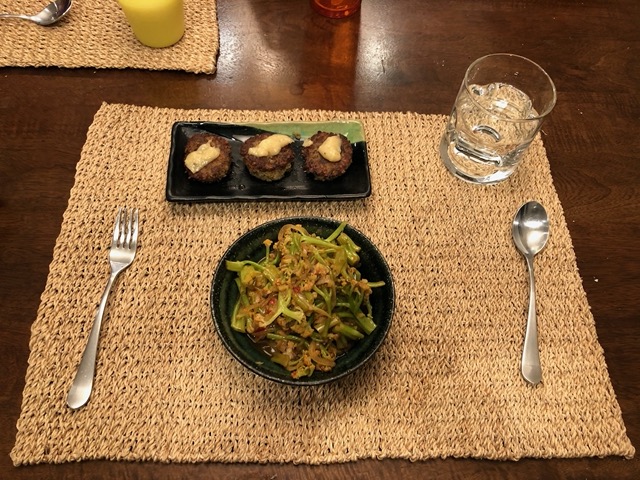 Mushroom patties and Chinese sweet stem cauliflower stir fry