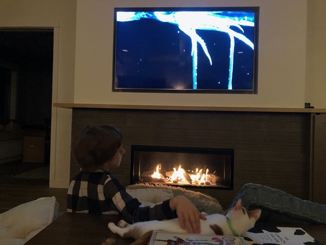 Watching nature shows in front of the fire, Owen snuggling with Gizmo