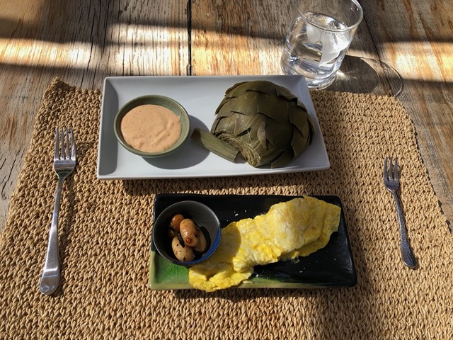 Early spring lunch with artichoke!  Along with omelet and cascabels