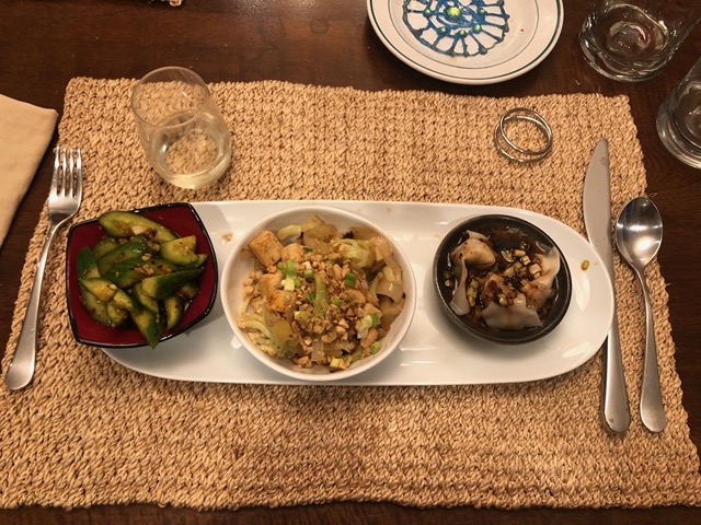 Cucumber salad, stir fried cauliflower, and won tons