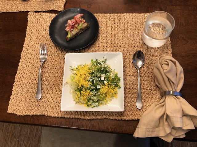 Spring dinner of shaved celery and fennel salad, and bread with toppings