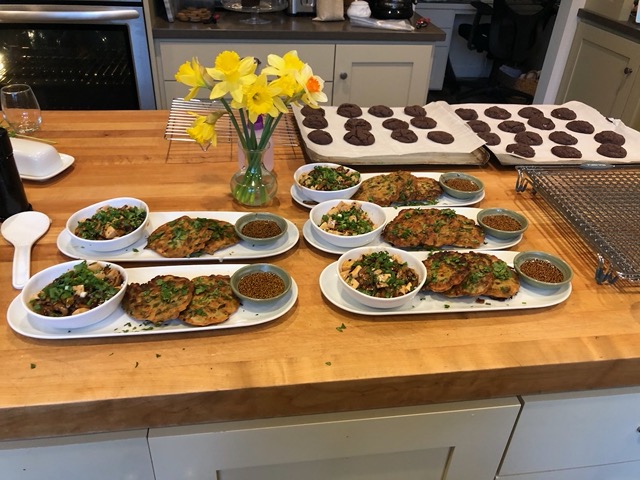 Mushroom and tofu saute, and onion pancakes, from Flavor cookbook