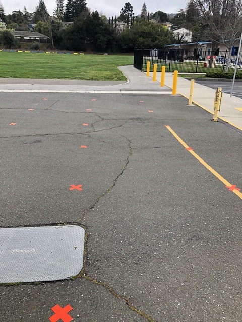 Tape marks where they should stand in line, 6 feet apart