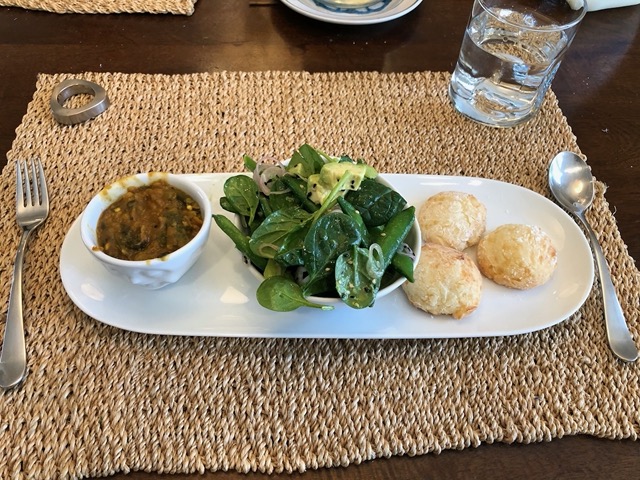 Dal, spinach salad, and Brazillian cheese breads