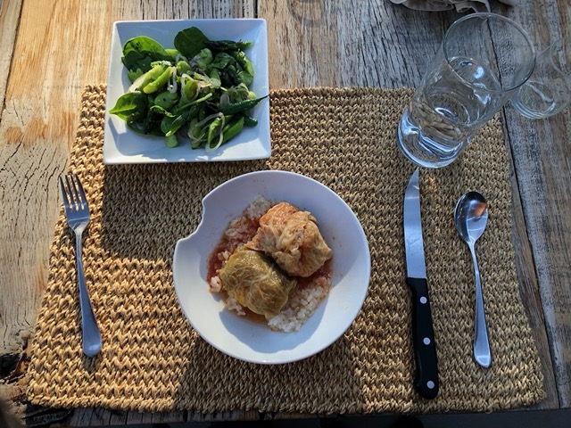 Stuffed cabbage leaves and a spring salad