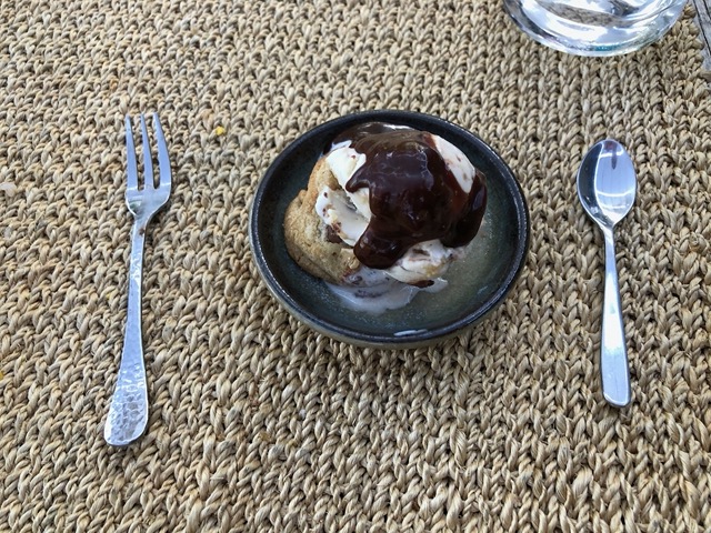 Ice cream season!  Ice cream with fudge sauce on a warm choc. chip cookie