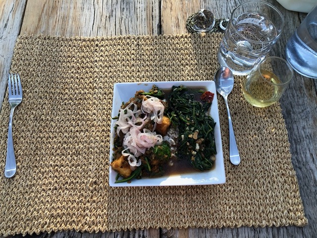 Thai water spinach stir fry, with fried tofu on the side